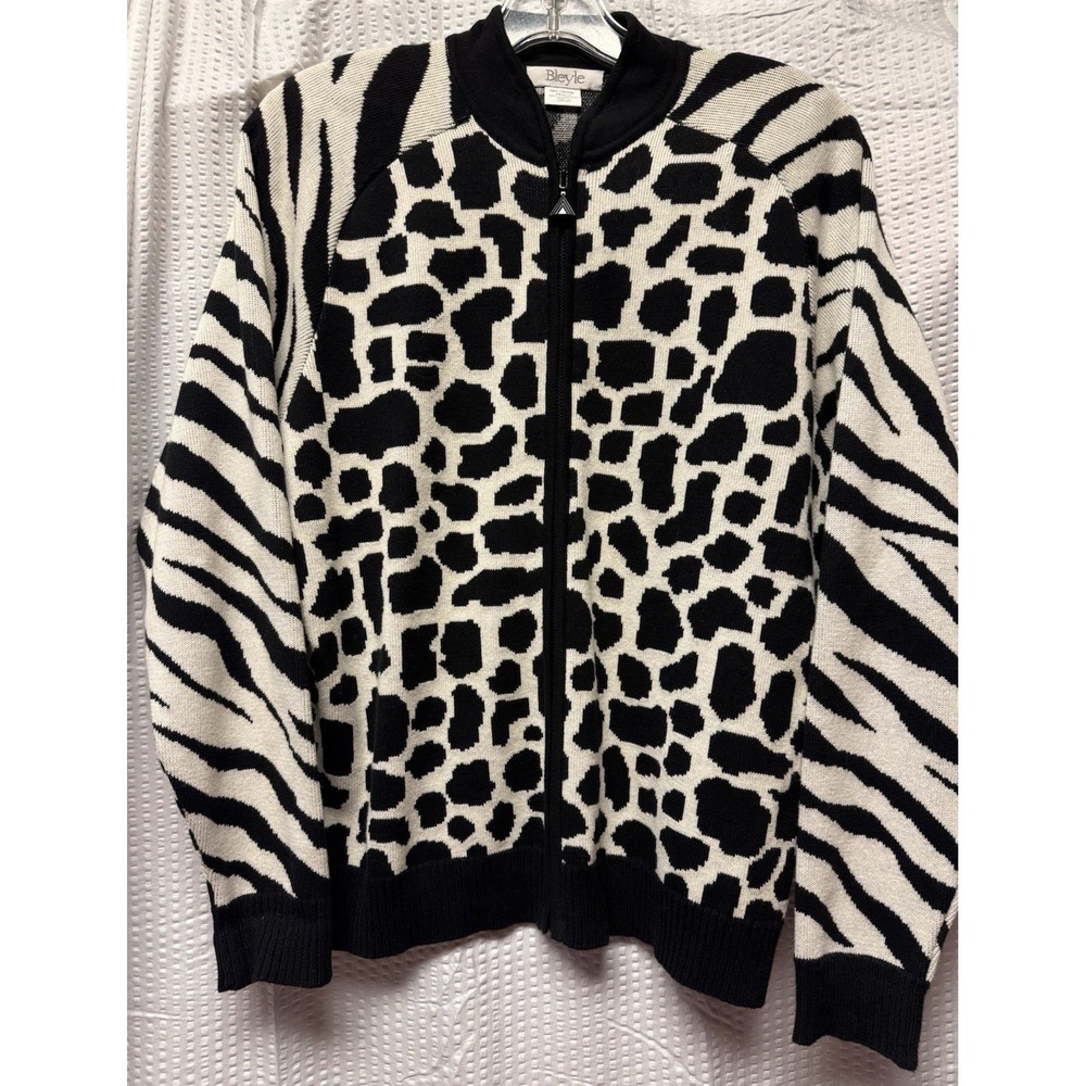 VTG Bleyle Black and White Zip‎ Front Leopard Zebra Print 100% Cotton Sweater M